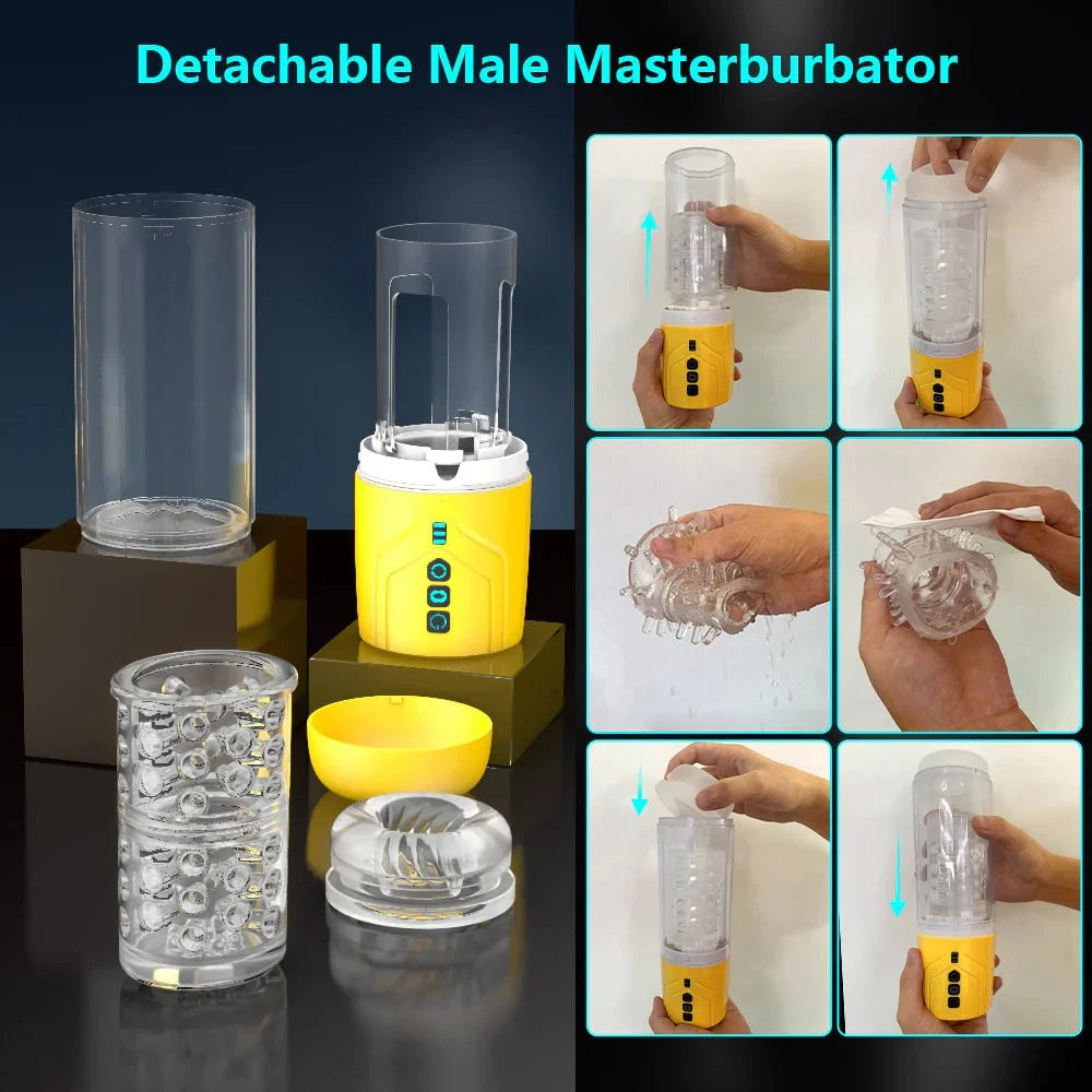 Detachable male masturbator with transparent pump, showcasing components and usage steps.