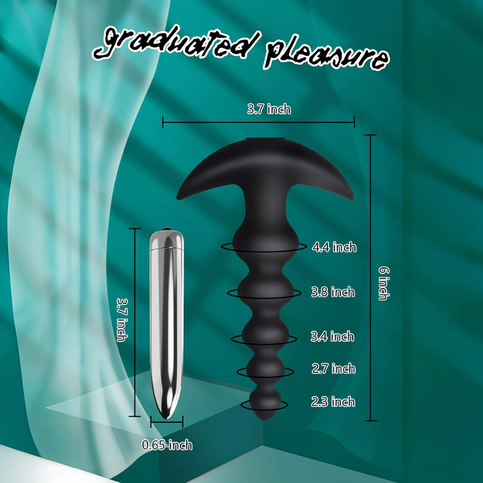 Vibrating anal beads butt plug with bullet vibrator and flared T-bar base, made of medical-grade silicone, waterproof and USB rechargeable.