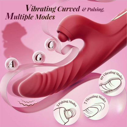 Rabbit vibrator sex toy for women with pulsating, vibrating, and thrusting modes.