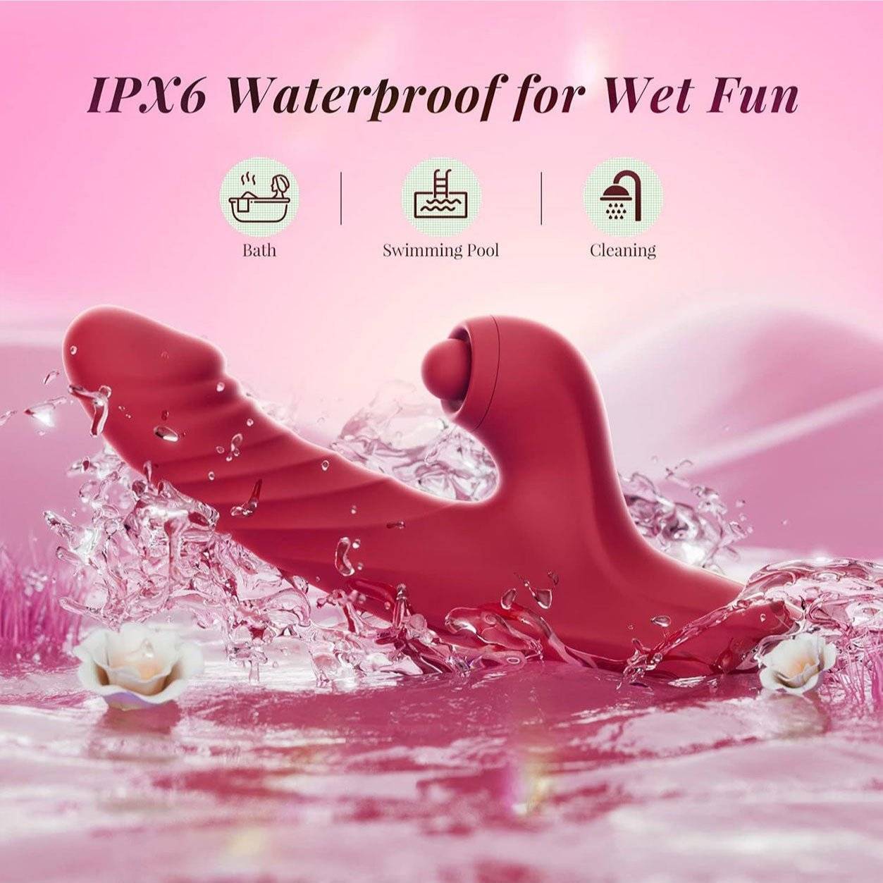 IPX6 waterproof rabbit vibrator for women in water setting, suitable for bath and pool use.