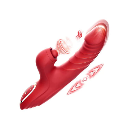 Vibrator sex toys for women, red rabbit design, featuring pulsating, vibrating, thrusting functions, USB rechargeable, waterproof.