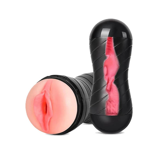 Realistic channel texture men's masturbator with 3D ribbed tunnel, black shell.