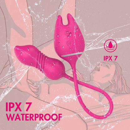 Rechargeable Vibrating Dual Stimulator Egg with expandable vibrations, IPX7 waterproof design.