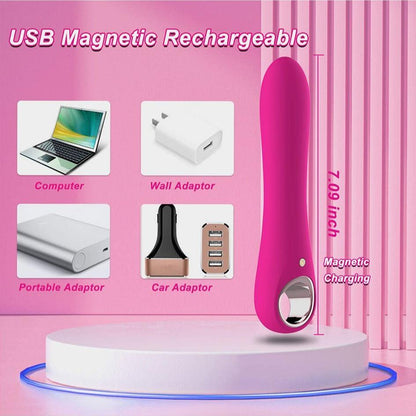 USB rechargeable G Spot Vibrator Dildo with pink design and magnetic charging feature.